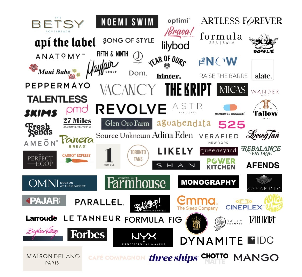 Dr. Emilie Vos brand partnership logos including SKIMS, REVOLVE, Forbes, Panera Bread, Dynamite, and more